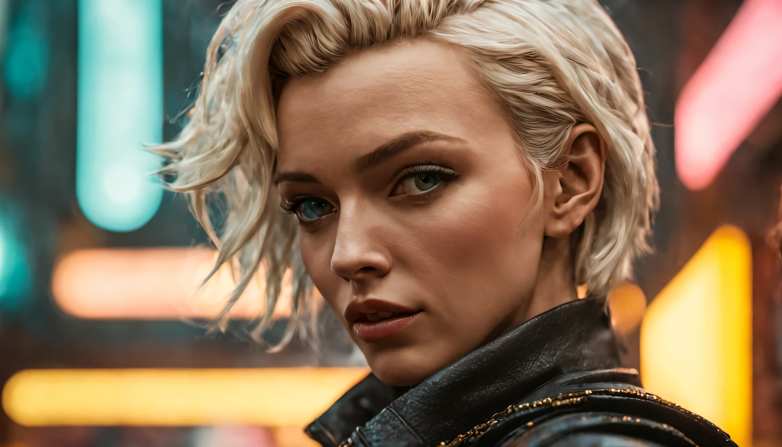 close-up portrait of a Marilyn Monroe lookalike, arte conceitual detalhada do personagem, Inspirado por, realista, personagem de fantasia, motor irreal 5, estilo RPG, trends on artstation, Qualidade da CGSociedade, Fundo Bokeh, foco suave, lente 35mm, textura de couro complexa, roupa ciberpunk, olhar confiante, Estilo de arte, ((roupas magistralmente elaboradas, olhos expressivos, postura forte), fotografia profissional, Dynamic Posture, Texturas de alta fidelidade ), cores atraentes, volumetric neon lightning, vivid neon lights, cores vivas, fechar foto na altura dos olhos, High definition, efeitos de alta fidelidade, Octane rendering, arte nintendo, Captura de tela inspirada em Infamous First Light e Cyberpunk 2077, boca fechada, cinematic lighting, Photo at eye level, canon, Sony FE, Fujifilm, Nikon, Sony FE GM, profundidade de campo, cinematic lighting, reflection light, rastreamento de raio, moderno, Futurismo, super detalhe, detalhes altos, alta qualidade, premiado, melhor qualidade, high resolution, 1080P, High definition, 4k, 8k, 16k, Pele texturizada, anatomicamente correto, preciso, UHigh definition