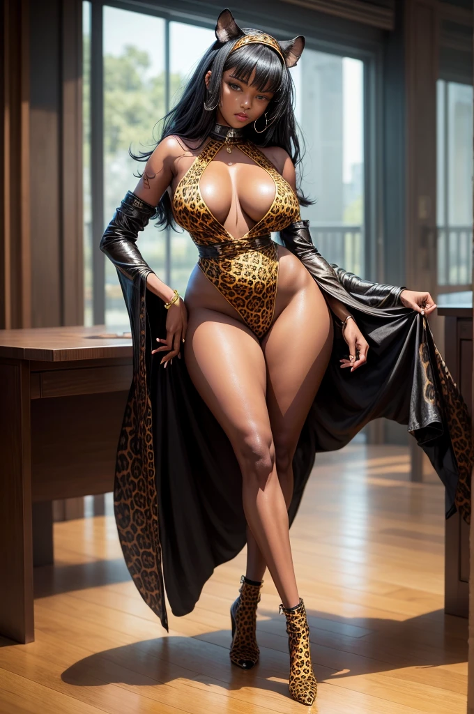 rihana face, thicc, long leg, Black skin，Bigchest，Beautuful Women，floor🦶,  She wears leopard skin revealing dress, Her clothes are torn, we can see her boobs and pussy