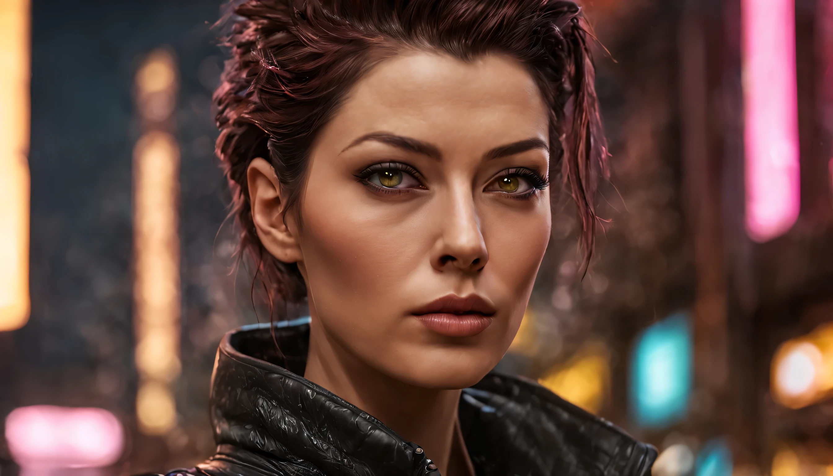 close-up portrait of an Ava Gardner lookalike, arte conceitual detalhada do personagem, Inspirado por, realista, personagem de fantasia, motor irreal 5, estilo RPG, trends on artstation, Qualidade da CGSociedade, Fundo Bokeh, foco suave, lente 35mm, textura de couro complexa, roupa ciberpunk, olhar confiante, Estilo de arte, ((roupas magistralmente elaboradas, olhos expressivos, postura forte), fotografia profissional, Dynamic Posture, Texturas de alta fidelidade ), cores atraentes, volumetric neon lightning, vivid neon lights, cores vivas, fechar foto na altura dos olhos, High definition, efeitos de alta fidelidade, Octane rendering, arte nintendo, Captura de tela inspirada em Infamous First Light e Cyberpunk 2077, boca fechada, cinematic lighting, Photo at eye level, canon, Sony FE, Fujifilm, Nikon, Sony FE GM, profundidade de campo, cinematic lighting, reflection light, rastreamento de raio, moderno, Futurismo, super detalhe, detalhes altos, alta qualidade, premiado, melhor qualidade, high resolution, 1080P, High definition, 4k, 8k, 16k, Pele texturizada, anatomicamente correto, preciso, UHigh definition