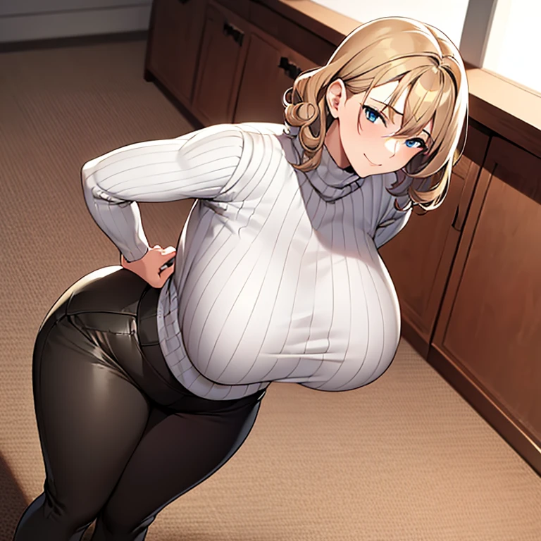 masterpiece, best quality, 1girl, solo, mature female, huge breasts, narrow waist, wide hips, curvy, curly hair, short hair, short bangs, blonde hair, blue eyes, turtleneck, turtleneck sweater, ribbed sweater, white sweater, brown pants, standing, indoors, sexy pose, seductive smile, looking at viewer