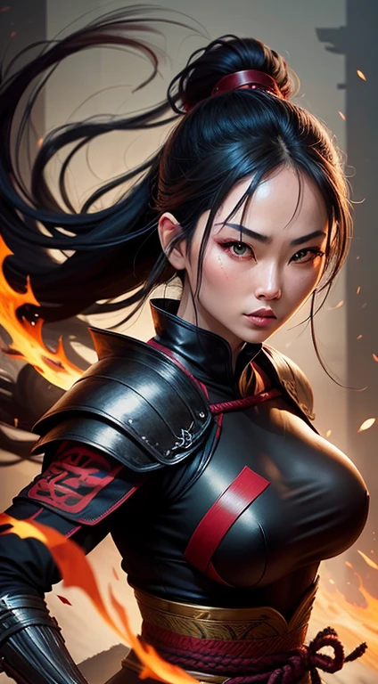 oriental ninja woman, detailed eyes and face, beautiful detailed lips, long eyelashes, leather armour, mask, big breasts, slender figure, agile movements, katana sword, throwing stars, ninja tools, moonlit night, bamboo forest, mysterious atmosphere, dark shadows, moonlight shining through the leaves, Asian inspiration, martial arts expertise, stealthy and silent, powerful and deadly, traditional Japanese culture, black and red color scheme, intense and dramatic lighting, dynamic poses, elegant and fierce, skilled in martial arts and assassination techniques, mysterious aura, capturing the essence of the oriental ninja in a modern and empowering way, high-quality illustration medium, ultra-detailed, realistic and vivid colors, masterful attention to textures and details, capturing the delicate features of the face, creating a captivating and iconic image.
