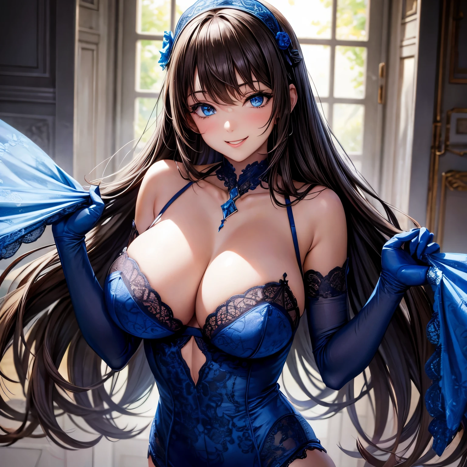 Asylum, blue lingerie, blue eyes, brunette, large breasts, smile