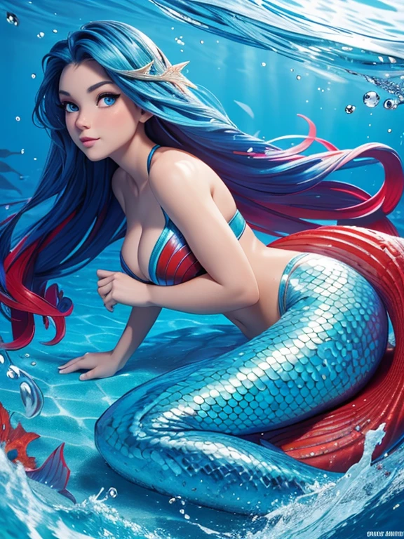 (best quality), (high detail), (perfect face), a beautiful mermaid, with blue and red scales, (ocean blue 1:1), swimming in a beautiful blue ocean current, HDR, UHD, 4K, 3D.