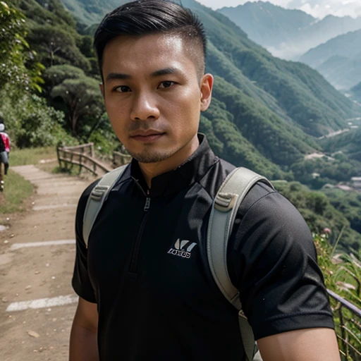 Hd, best detail, high quality Picture selfie Chinese Malaysia man hiking, wear sport entire