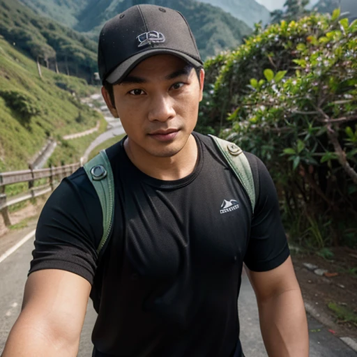 Hd, best detail, high quality Picture selfie Chinese Malaysia man hiking, wear sport entire