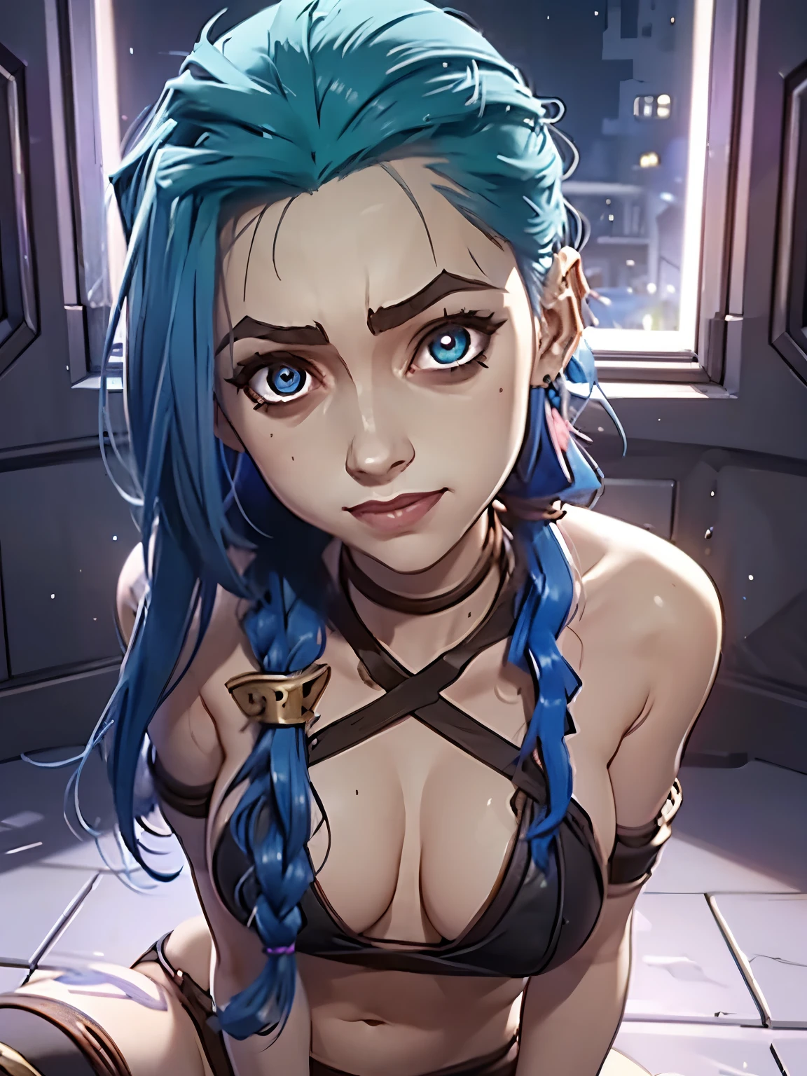 Nsfw, Jinx, league of legends, (master part, best quality;1.3), extremamente detalhado ,ultra detalhado, 1girl,sozinho, seios pequenos, sorriso maligno, ornamento de cabelo, Brincos, Olhando para o Viewer, mini saia, micro bra, olhos roxos, 4k resolution, ultra-realistic, altamente detalhado, corpo inteiro, noite, dynamic lights, lua cheia