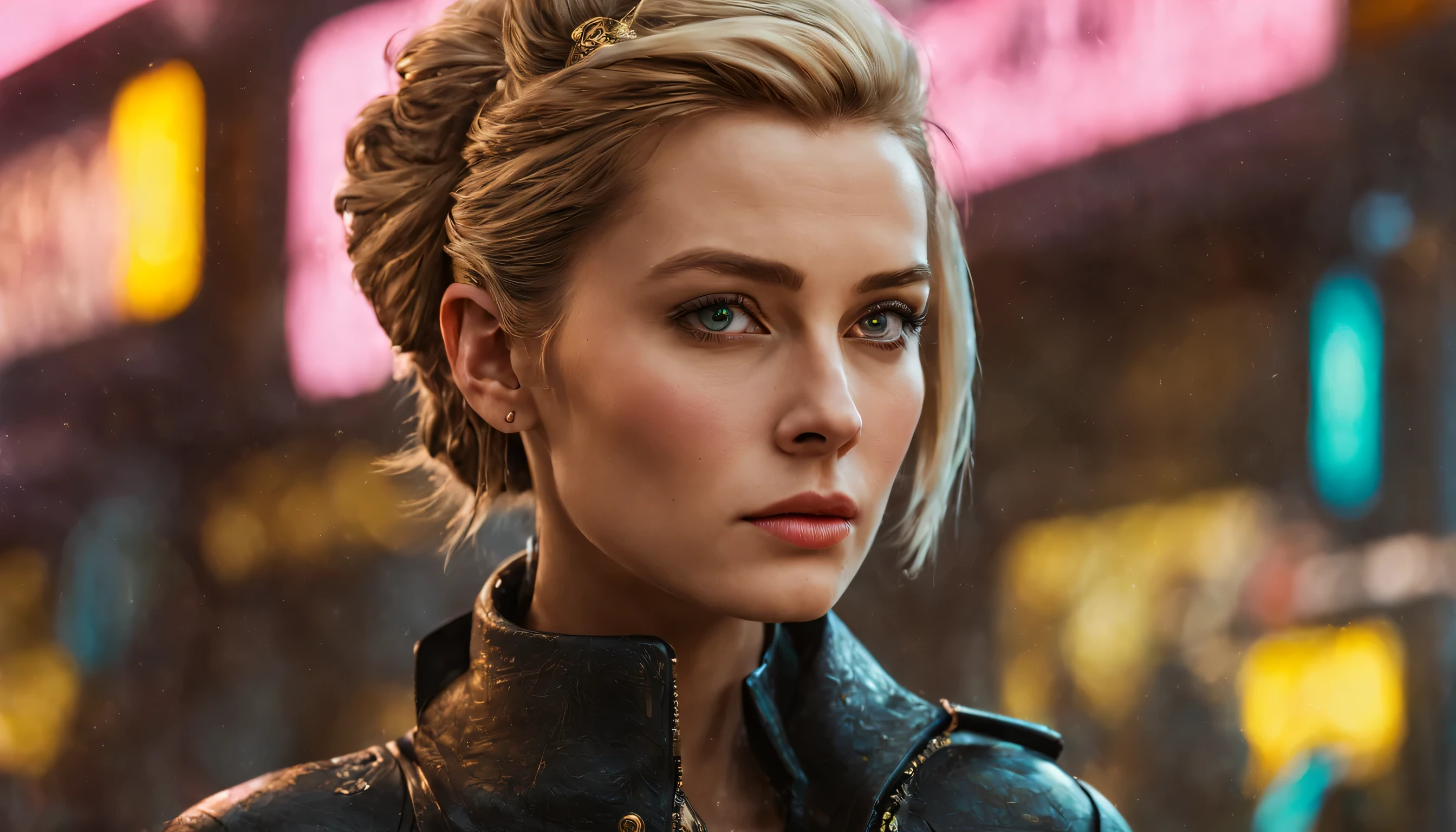 close-up portrait of a Grace Kelly lookalike, arte conceitual detalhada do personagem, Inspirado por, realista, personagem de fantasia, motor irreal 5, estilo RPG, trends on artstation, Qualidade da CGSociedade, Fundo Bokeh, foco suave, lente 35mm, textura de couro complexa, roupa ciberpunk, olhar confiante, Estilo de arte, ((roupas magistralmente elaboradas, olhos expressivos, postura forte), fotografia profissional, Dynamic Posture, Texturas de alta fidelidade ), cores atraentes, volumetric neon lightning, vivid neon lights, cores vivas, fechar foto na altura dos olhos, High definition, efeitos de alta fidelidade, Octane rendering, arte nintendo, Captura de tela inspirada em Infamous First Light e Cyberpunk 2077, boca fechada, cinematic lighting, Photo at eye level, canon, Sony FE, Fujifilm, Nikon, Sony FE GM, profundidade de campo, cinematic lighting, reflection light, rastreamento de raio, moderno, Futurismo, super detalhe, detalhes altos, alta qualidade, premiado, melhor qualidade, high resolution, 1080P, High definition, 4k, 8k, 16k, Pele texturizada, anatomicamente correto, preciso, UHigh definition