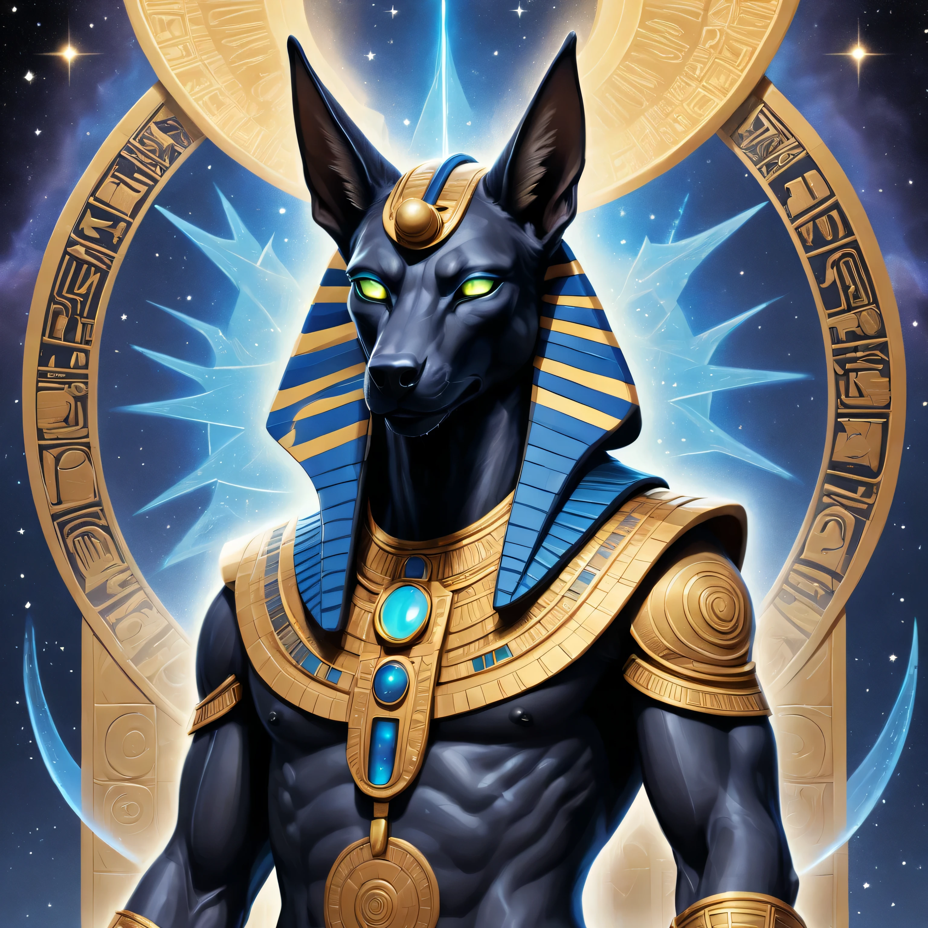 In a Pop Art Anime and Comic Book influenced Egyptian design, envision Anubis as a bioluminescent figure, with glowing jackal ears and empty, crystalline eyes radiating otherworldly aura. An epicenter of forcefields and fluroescent force, Anubis ignites a celestial cycle of life and decay. In his hands, ancient papyri scroll unwind, illuminated by a halo of luminous spirals, pulsing with cryptic knowledge. Golden hieroglyphs dance across his muscled form, articulating chronicles of legacy and wisdom. A swirl of cosmic dust trails in Anubis wake, crystallizing time's footprints as he marches through the starry night.