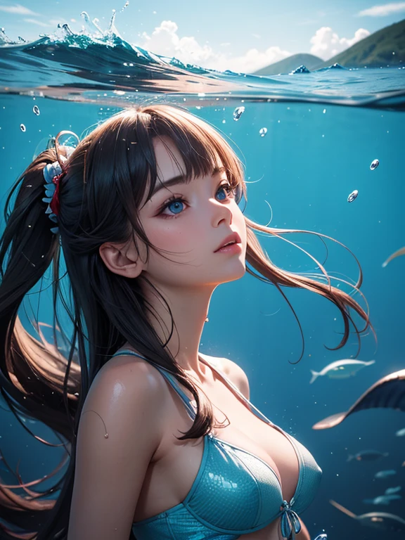 (best quality), (high detail), (perfect face), a beautiful mermaid, with blue and red scales, (ocean blue 1:1), swimming in a beautiful blue ocean current, HDR, UHD, 4K, 3D.
