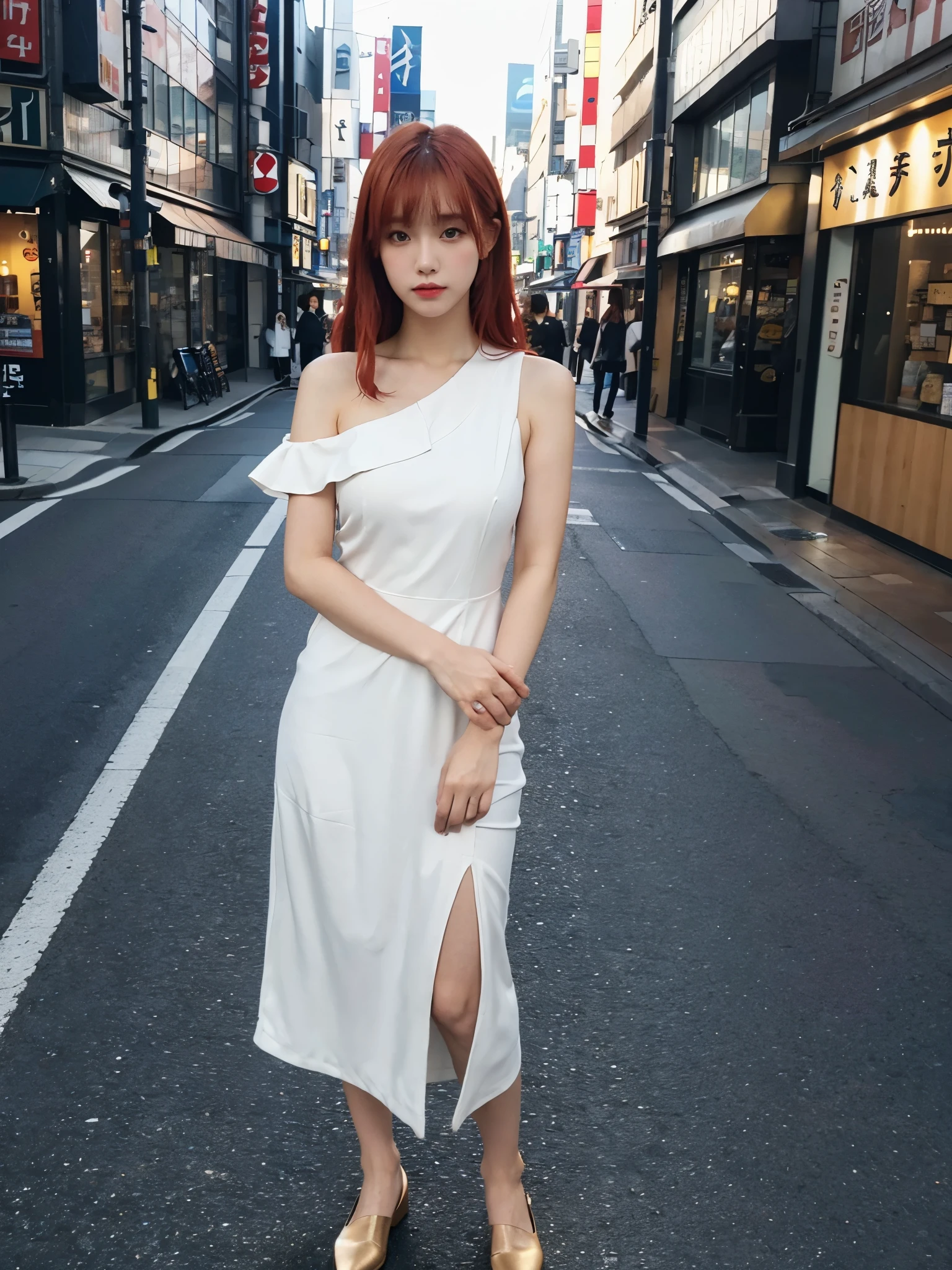 full body,// Bewitching eyes, well-balanced eyes, //street snap //wearing one shoulder dress,//breast focus, ((facing viewer)), //at the street in tokyo, //japanese lady, pale skin, red hair//droopy eyes,//gold hair, blunt bangs,//((standing)), high quality:1.3, Professional lighting:2.0 realistic:1.2, 4k resolution, detailed skin, masterpiece:1.1