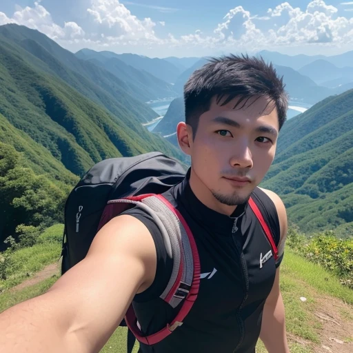 Hd, best detail, high quality Picture selfie Chinese Malaysia man hiking, wear sport entire