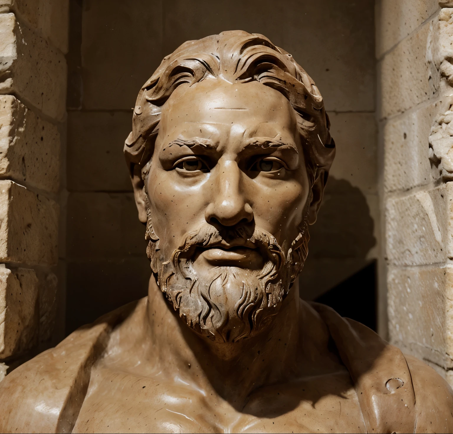 a close up of a statue of a man with a beard, artstyle of michelangelo, michelangelo painting, inspired by Michelangelo Buonarroti, inspired by Michelangelo Buonarotti, by Michelangelo, by Michaelangelo, inspired by Michelangelo Unterberger, classic sculpture, michelangelo sculpture, michelangelo style, inspired by Michelangelo, vhs screencap, videotape still from 1985