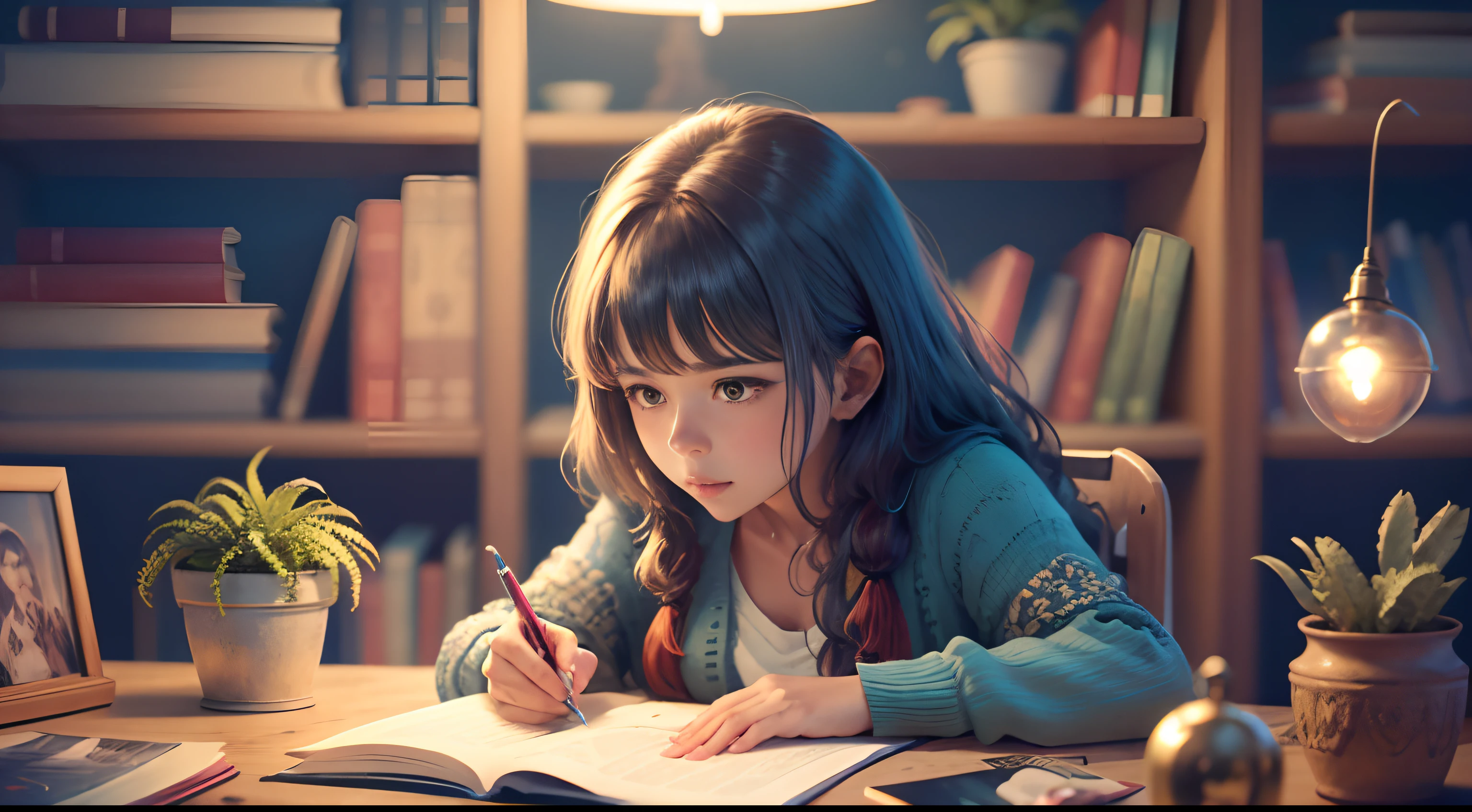 Desenhar anime - alegre lendo e estudando um livro em um quarto, sobre uma escrivaninha com vaso e plantas, 1 nearby lamp, janela mostrando a noite com luar,
,