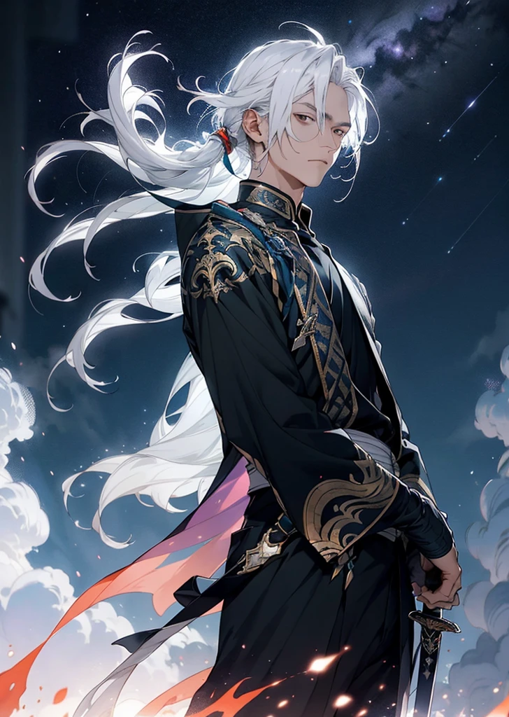 Vast sky, beautiful horizon, Large meadows, Extremely tense and dramatic pictures, moving visual effects, high-hanging Polaris, and colorful natural light. young man in fantastic clothes with a sword. white gradient hair, Long hair