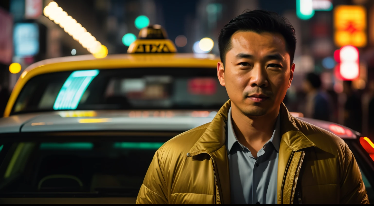 arafed asian man in a city at night with a taxi, 8 k movie still, movie still 8 k, 8 0 s asian neon movie still, a still of kowloon, lee madgwick & liam wong, leica 8k still from an a24 film, in style of kar wai wong, 8 k film still, inspired by Li Tiefu