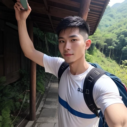 Hd, best detail, high quality Picture selfie Chinese Malaysia man hiking, wear sport entire
