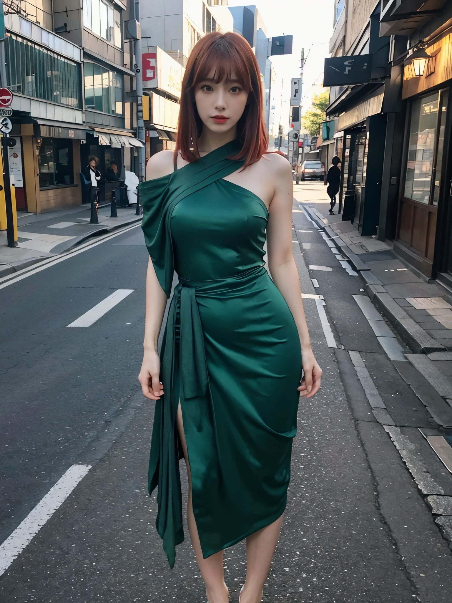 full body,// Bewitching eyes, well-balanced eyes, //street snap //wearing green draped dress,//breast focus, ((facing viewer)), //at the street in tokyo, //japanese lady, pale skin, red hair//droopy eyes,//gold hair, blunt bangs,//((standing)), high quality:1.3, Professional lighting:2.0 realistic:1.2, 4k resolution, detailed skin, masterpiece:1.1