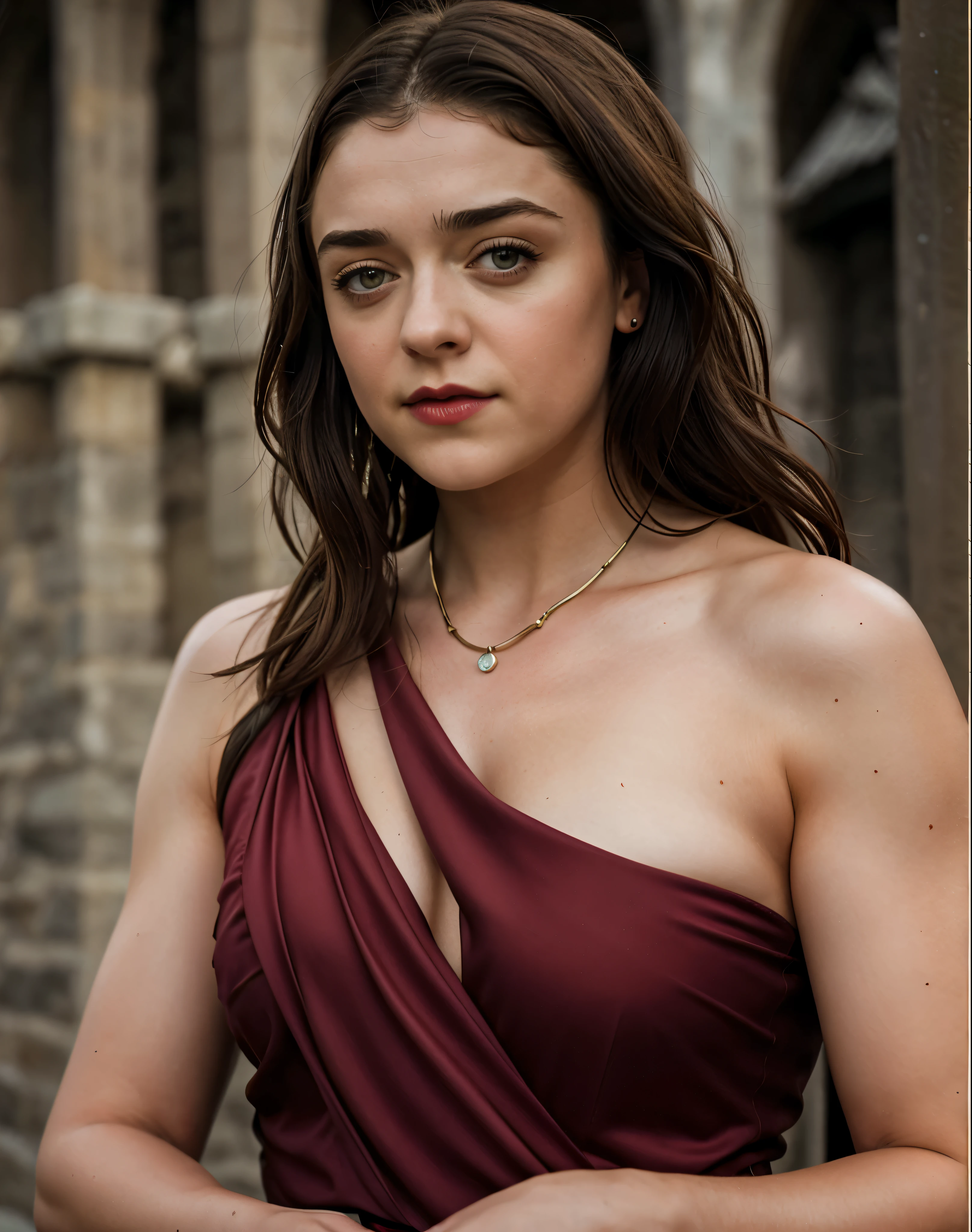 Foto RAW, RAW photograph of Maisie Williams as Arya Stark, Arya Stark, mediaeval world cinematic background, Extremely gorgeous lady, Arya Stark PLAYED BY MAISIE WILLIAMS, Queen Arya Stark, she  a mature woman now, milf, sexy mediaeval battle dress, gladiator woman, body, 40 years old Woman, body revealing costumes, perky breast, skin pores, big natural breast, erotic costumes, lusty physique, seductive figure can capture every people's attention, Game of thrones costumes, revealing captivating figure, Mediaeval costumes, revealing clothes, A tomboy, she would rather fence than dance, red lips, warrior queen , game of thrones screen caps, Game of Thrones Series, (pele altamente detalhada: 1.2), 8k UHD, DSLR, soft-lighting, alta qualidade, grain of film, Fujifilm XT3, flawless picture, highly detailed, detailed Beauty, intricate, 32k, sharp picture,