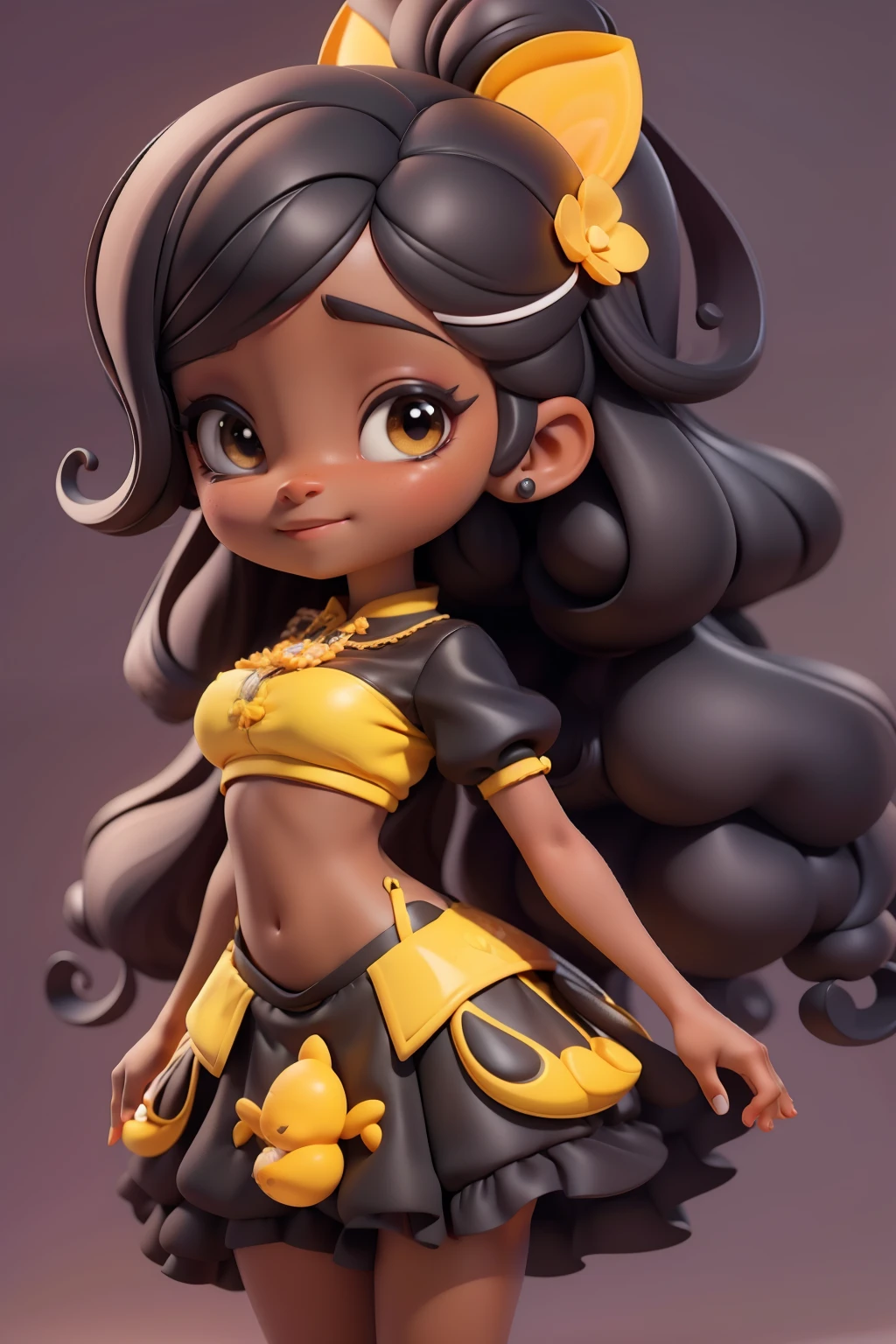 Avatar menina negra, tons amarelo e preto, sorriso meigo e delicado, asas brilhante, vestida com uma jardineira, corpo inteiro,pele clara e olhos delicados e definidos,cartoon 3D com blusa delicada,, casaco peludinha, cabelos multicolor, fundo simples e branco