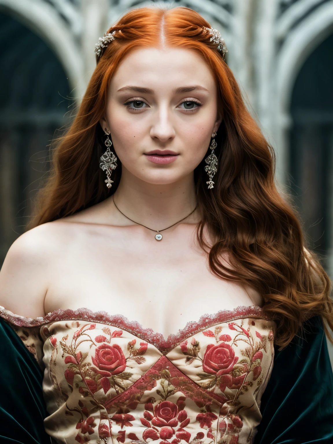 Foto RAW, Sansa Stark PLAYED BY SOPHIE TURNER Ned and Cat's oldest daughter. Demure and ladylike, her dream  to marry Prince Joffrey. Her direwolf  named Lady , Game of Thrones Series, (pele altamente detalhada: 1.2), 8k UHD, DSLR, soft-lighting, alta qualidade, grain of film, Fujifilm XT3