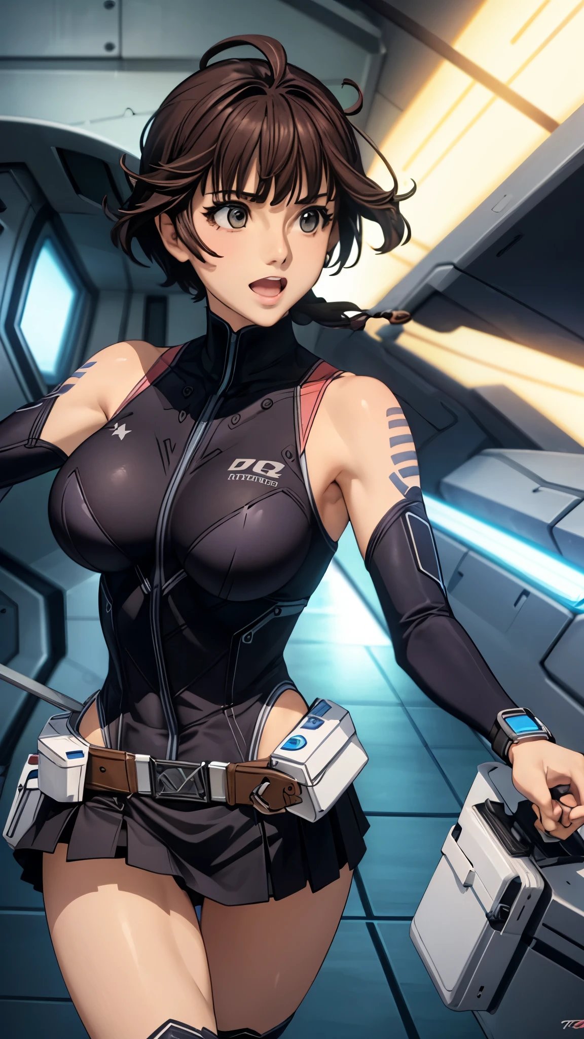 woman,20-year-old,,city,night,shiny skirt bodysuit,(Harada Makoto),open mouth smile