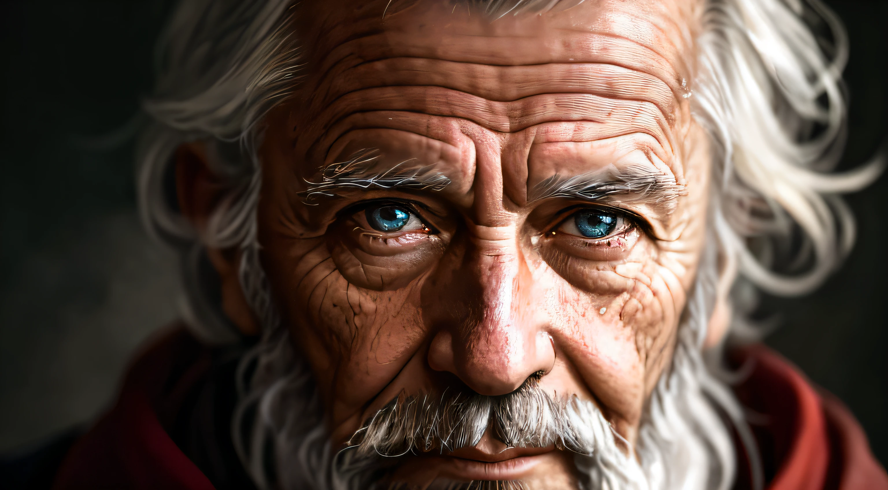 Um retrato de um bruxo, barbudo, enrugado, resistido, com olhos penetrantes, rosto detalhado, detalhes altos, fotografia, dark studio, Luz de aro, Nikon D850, 50mm, f/1.4