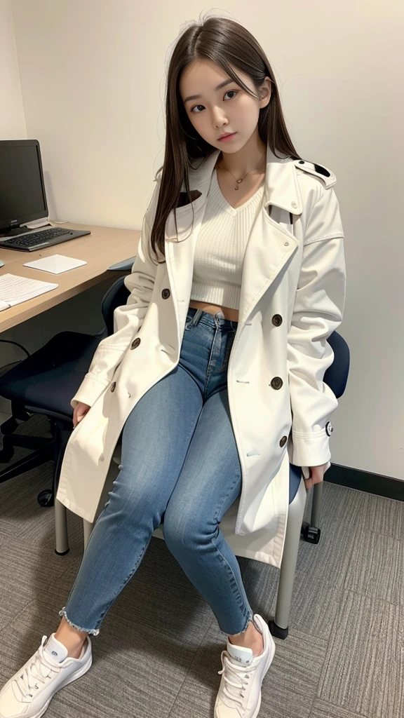 real，Ultra-clear，A 20-year-old woman sits on a chair in the office，Wear a white trench coat，Blue skinny jeans，sports shoes