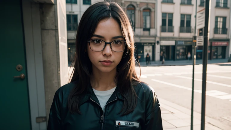 Cinematographer of a skinny nerdy lesbian caucasianlittle_caprice with glasses, cabello ?????, shorter ginger straight hair, gafas redondas, Apoyado en la pared, en la ciudad, top verde y minifalda a cuadros, En verano, piel sudorosa, damp skin, Disfrutando, girlish, wearing a boiler suit, hot girlish, (((senos medianos))), gaze at the camera, face symmetrical, fotorrealista, Cinematographer, Spectacular lighting, splendid, escote, occidental, (Masterpice), La mejor calidad, High resolution, Piel extremadamente detallada, fondo borroso, Profundidad de campo, cinematic lighting, Recorded with professional DSLR camera