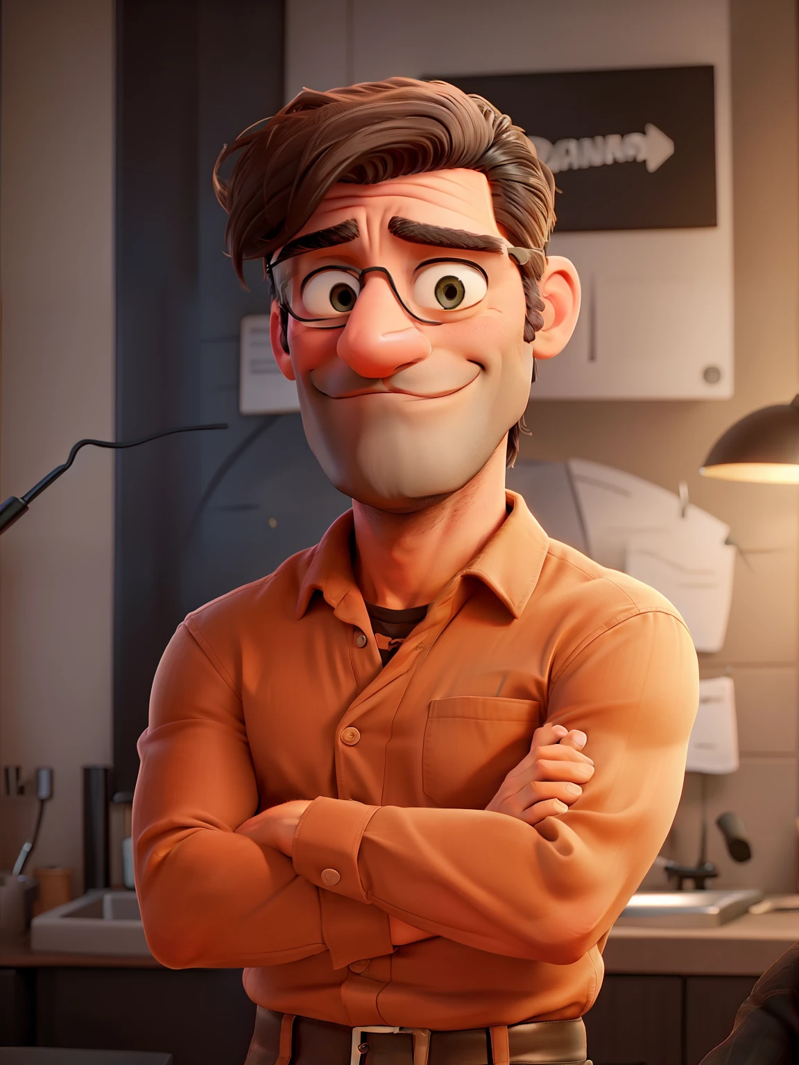 Jon Hamm, Cartoon in black shirt and black pants, crossed arms, Olhando para frente e sorrindo com os dentes desnudos, beard and shaved head;;