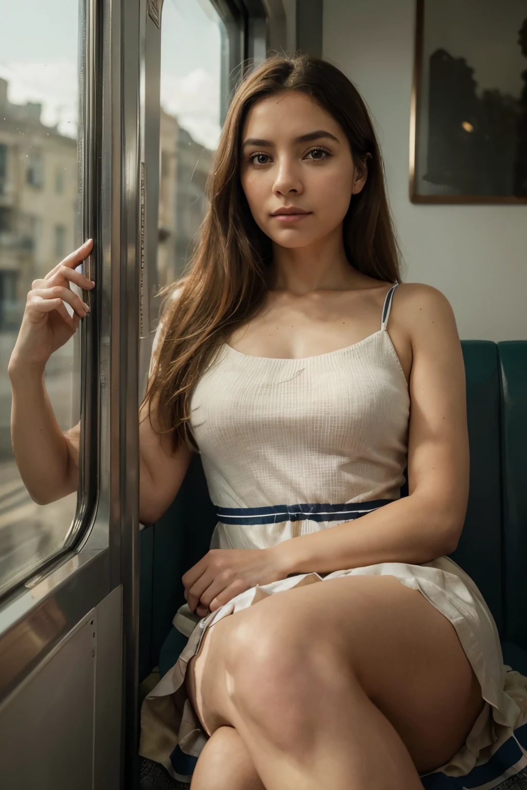  girl, sitting on train), long brunette hair, tan skin, short cotton sundress, v neck, high socks, smirk, tease, pubic hair