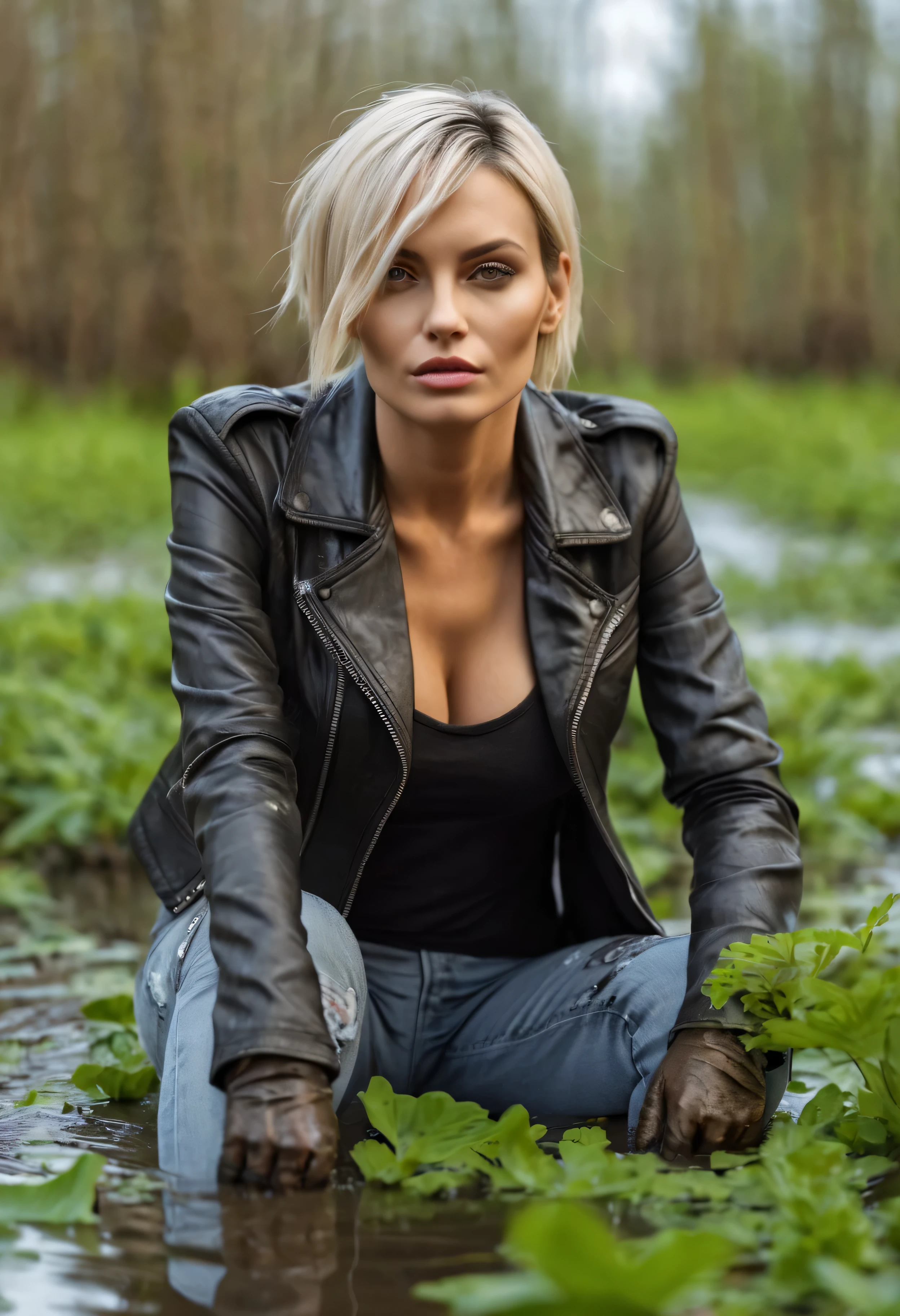 Pronounced wrinkles,Hot woman in jeans, leather jacket and blouse drowned in a dirty swamp, indulging in his shameful fetish, Standing, provocative pose, expression of sexual desperation, mud, duckweed, dense vegetation,