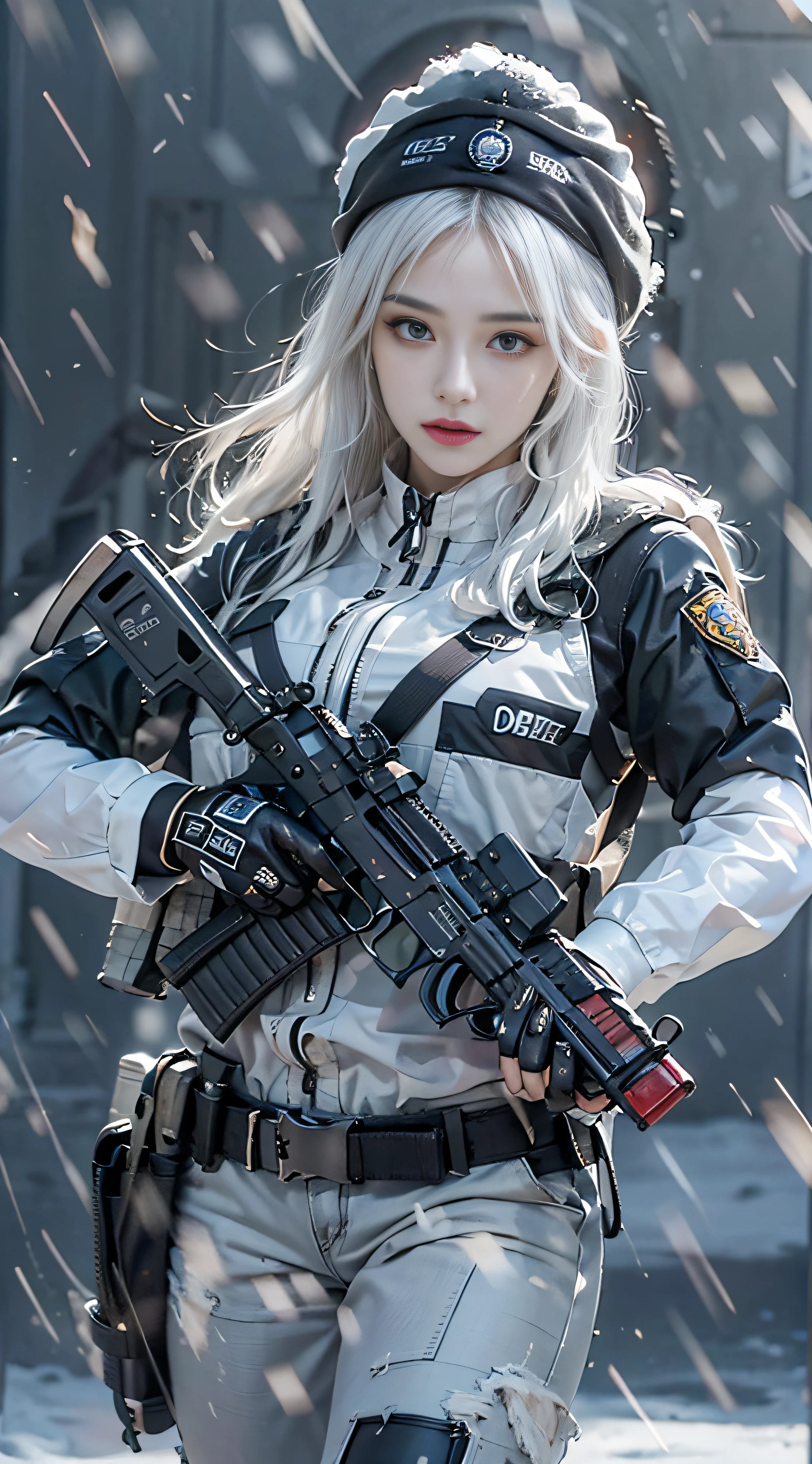 Photorealistic, high resolution, 1womanl, Solo,Snow background, looking to the camera, (Detailed face), White hair, SWAT vests, Gun, jewelry,Fingers are occluded