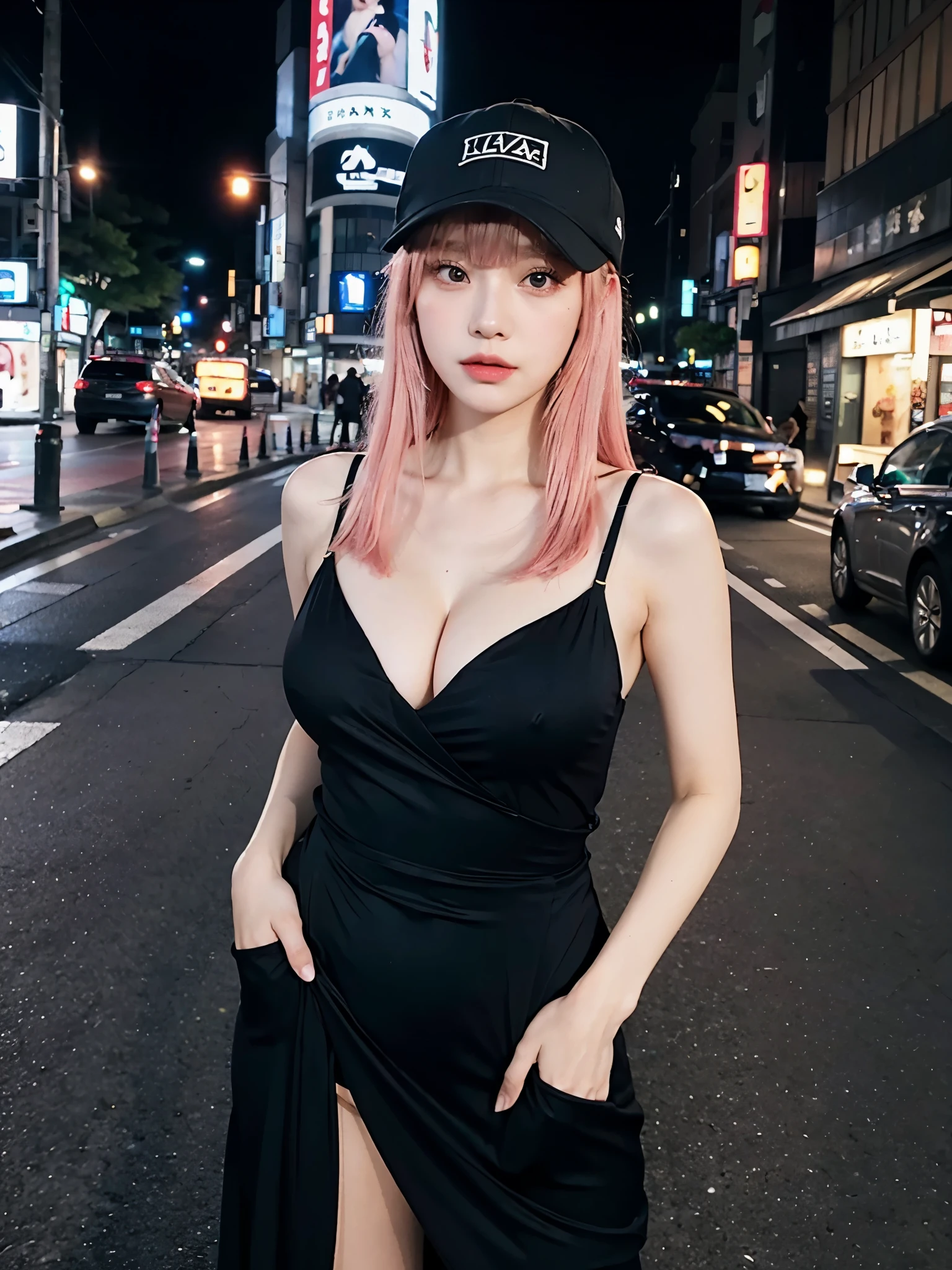 cleavage, full body,// Bewitching eyes, well-balanced eyes, //street snap //wearing black draped dress with baseball cap//breast focus, ((facing viewer)), //at the street in tokyo, //japanese lady, pale skin, pink hair//droopy eyes,//gold hair, blunt bangs,//((standing)), high quality:1.3, Professional lighting:2.0 realistic:1.2, 4k resolution, detailed skin, masterpiece:1.1