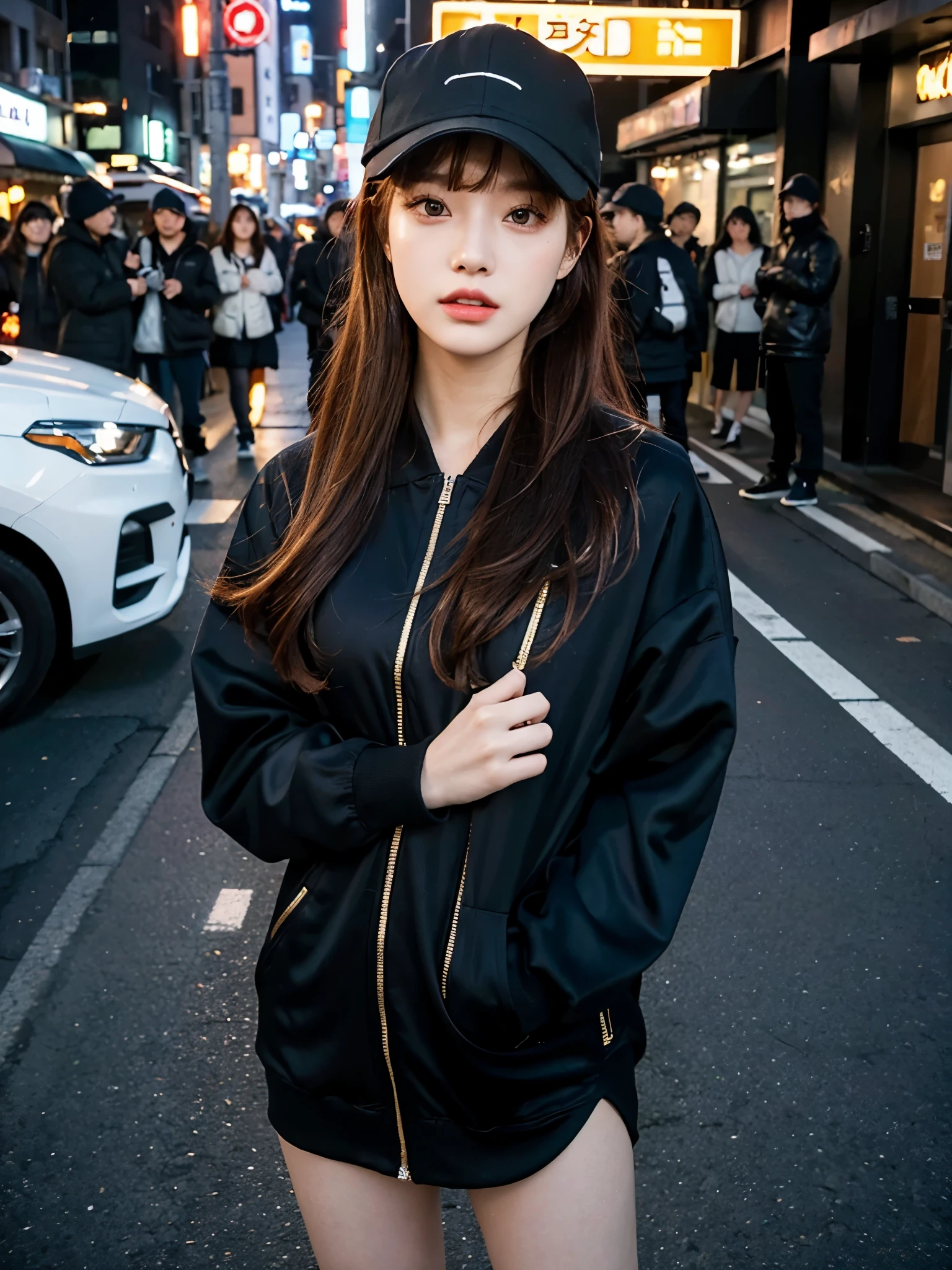 full body,// Bewitching eyes, well-balanced eyes, //street snap //wearing black draped dress and trackjaket with baseball cap//breast focus, ((facing viewer)), //at the street in tokyo, //japanese lady, pale skin, red hair//droopy eyes,//gold hair, blunt bangs,//((standing)), high quality:1.3, Professional lighting:2.0 realistic:1.2, 4k resolution, detailed skin, masterpiece:1.1