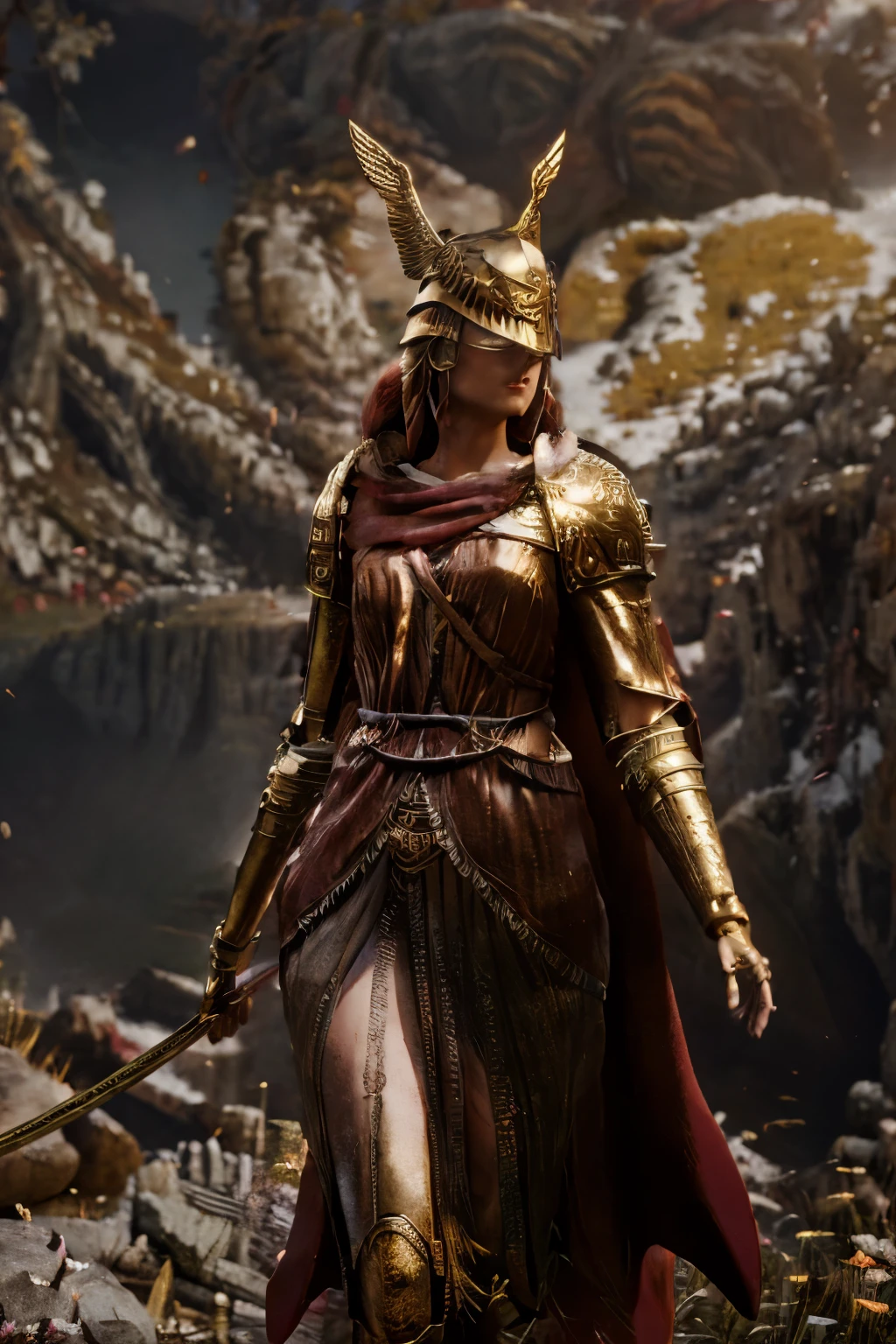 woman with sword and red cape, by Kanō Tan'yū, goddess athena, lady in red armor, athena goddess of wisdom, greek goddess athena, detailed image, golden goddess athena, persephone sculpture, inspired by Kanō Hōgai, golden helmet with golden wings full body close-up, background of mountains with sunlight, bare chest, beautiful body, skin 4k