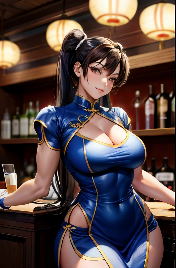 A front view of Chun Li, 26 years old, busty, wide hips, slim waist, long hair, wearing a lowcut party dress, Chinese style, real skin texture, highly detailed eyes, realistic eyes, smiling at the viewer, atmospheric, photo-realistic, High resolution, 8k, HDR, 500px, FUJIFILM, posing lewdly for the viewer, lounging at the bar of a nightclub