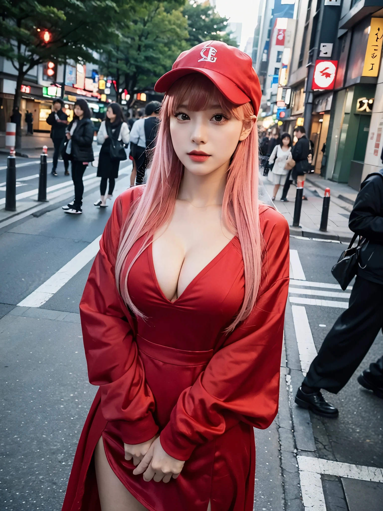 cleavage, full body,// Bewitching eyes, well-balanced eyes, //street snap //wearing red long sleeve draped dress with red baseball cap//breast focus, ((facing viewer)), //at the street in tokyo, //japanese lady, pale skin, pink hair//droopy eyes,//gold hair, blunt bangs,//((standing)), high quality:1.3, Professional lighting:2.0 realistic:1.2, 4k resolution, detailed skin, masterpiece:1.1