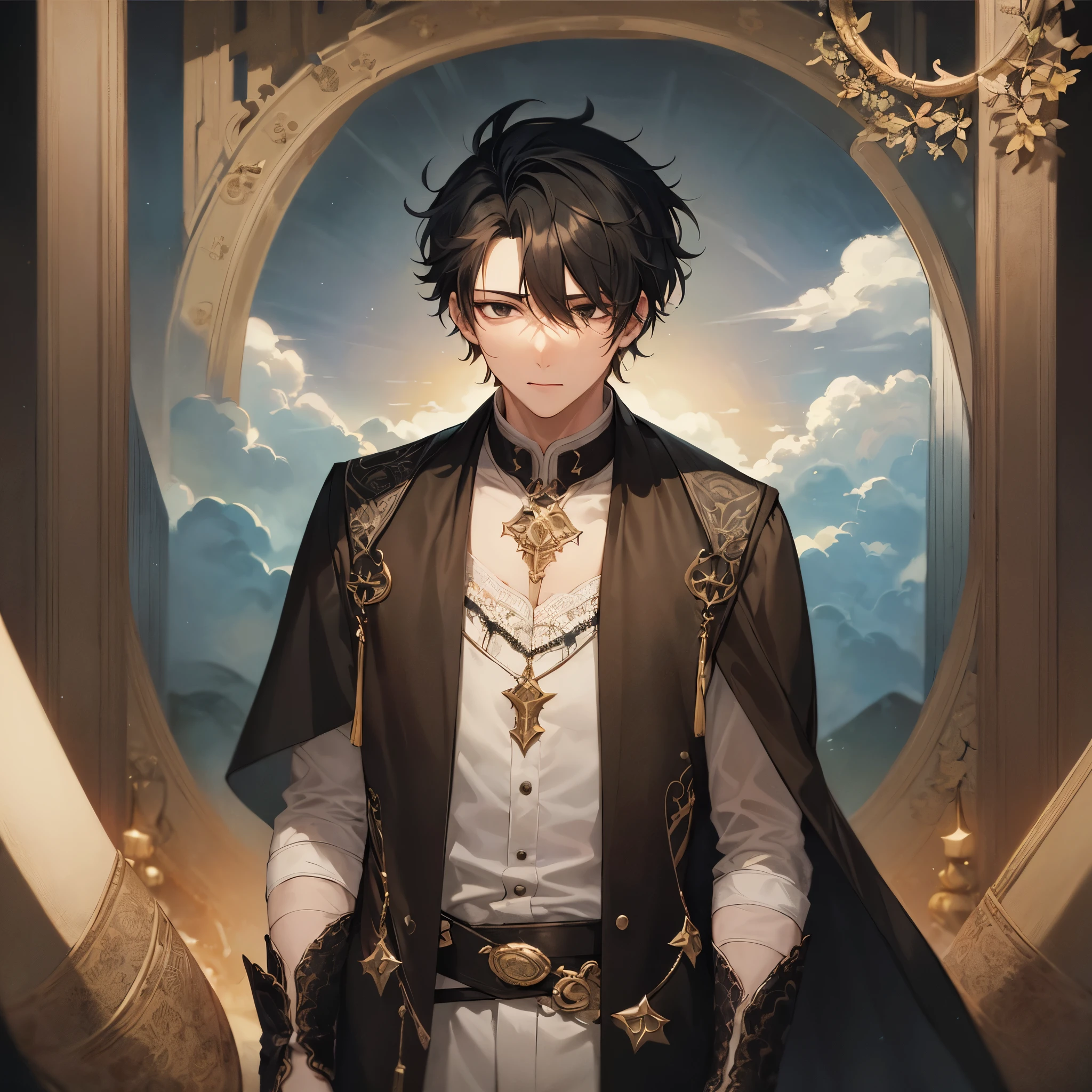 masterpiece, best quality, super fine illustration, intricate details, beautiful boy, black hair, white skin, black eyes