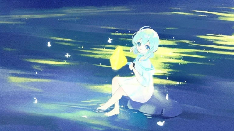 fair skin,The skin is delicate and shiny,cute smile,Clear eyes,of eyes,a girl,Sitting on his knees, playing and splashing water,Background next to clear river water,The river water is clear and transparent,The moonlight casts shadows on the lake,Barefoot,pastel colors,Soft contrast