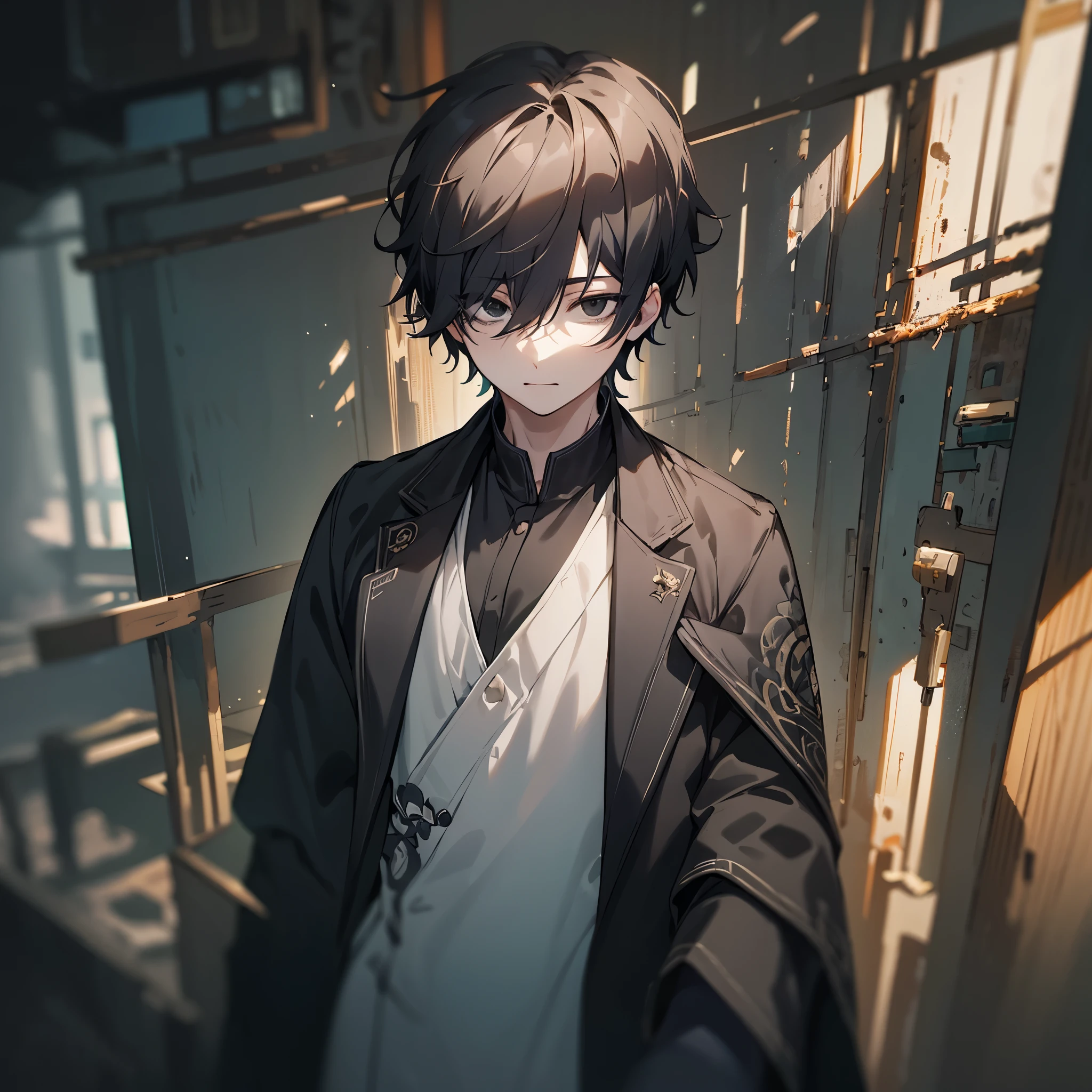1 boy, masterpiece, best quality, super fine illustration, intricate details, short hair, black hair, white skin, black eyes