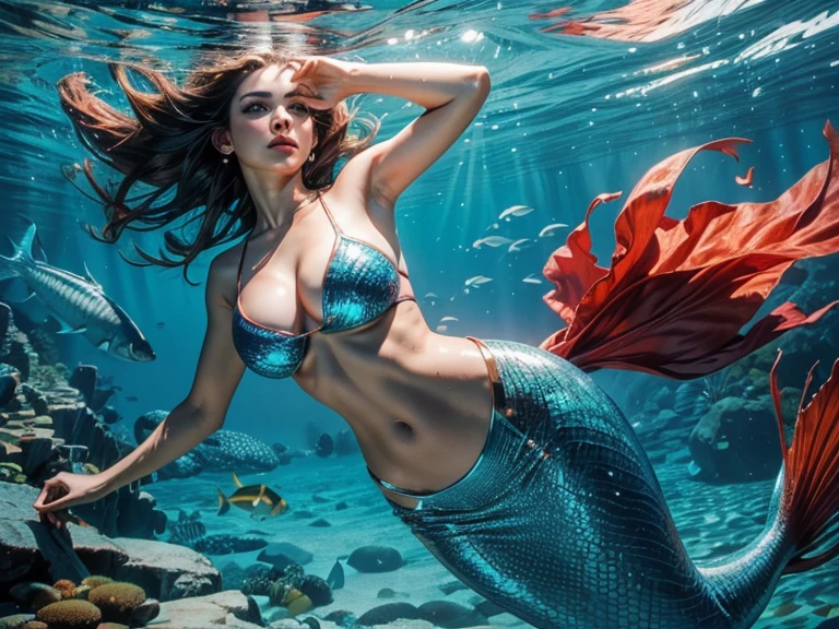 A mermaid emerging from the waters of the ocean.