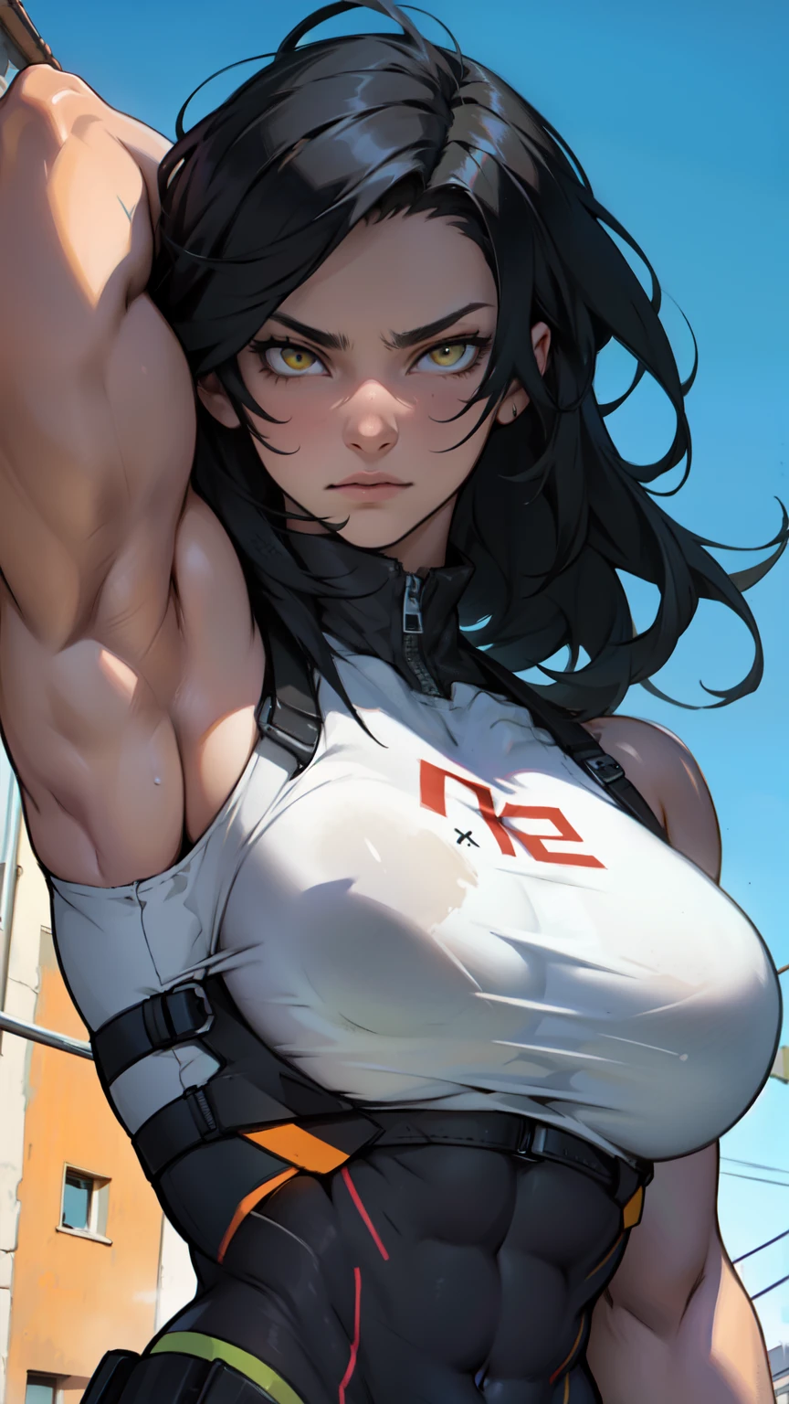 pale girl muscular girl big breasts black hair yellow eyes expressionless
