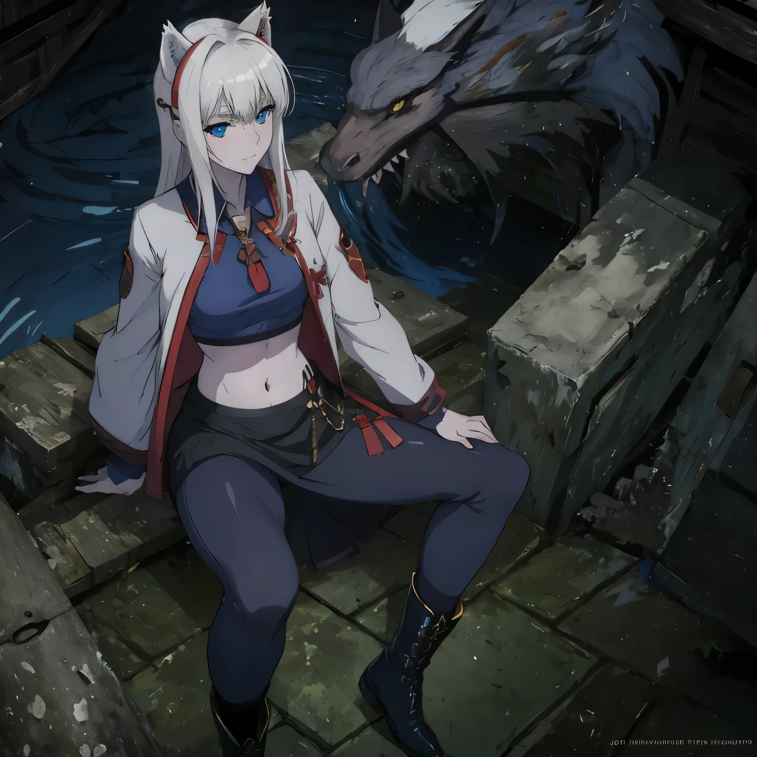 8k, resolution, high quality, high resolution, best quality, extremally detailed, best resolution, absurd resolution, ray tracing, high detailed, masterpiece, extremely detailed,shoulder length white hair, female,2 white wolf ears, teenage girl, slim body, white scale dragon tail,black boots,black leggings, navel blue school skirt, sailor shirt, white jacket, medium size chest, detailed blue eyes, detailed beautiful face,solo female,1 dragon tail, detailed eyes, tomboyish