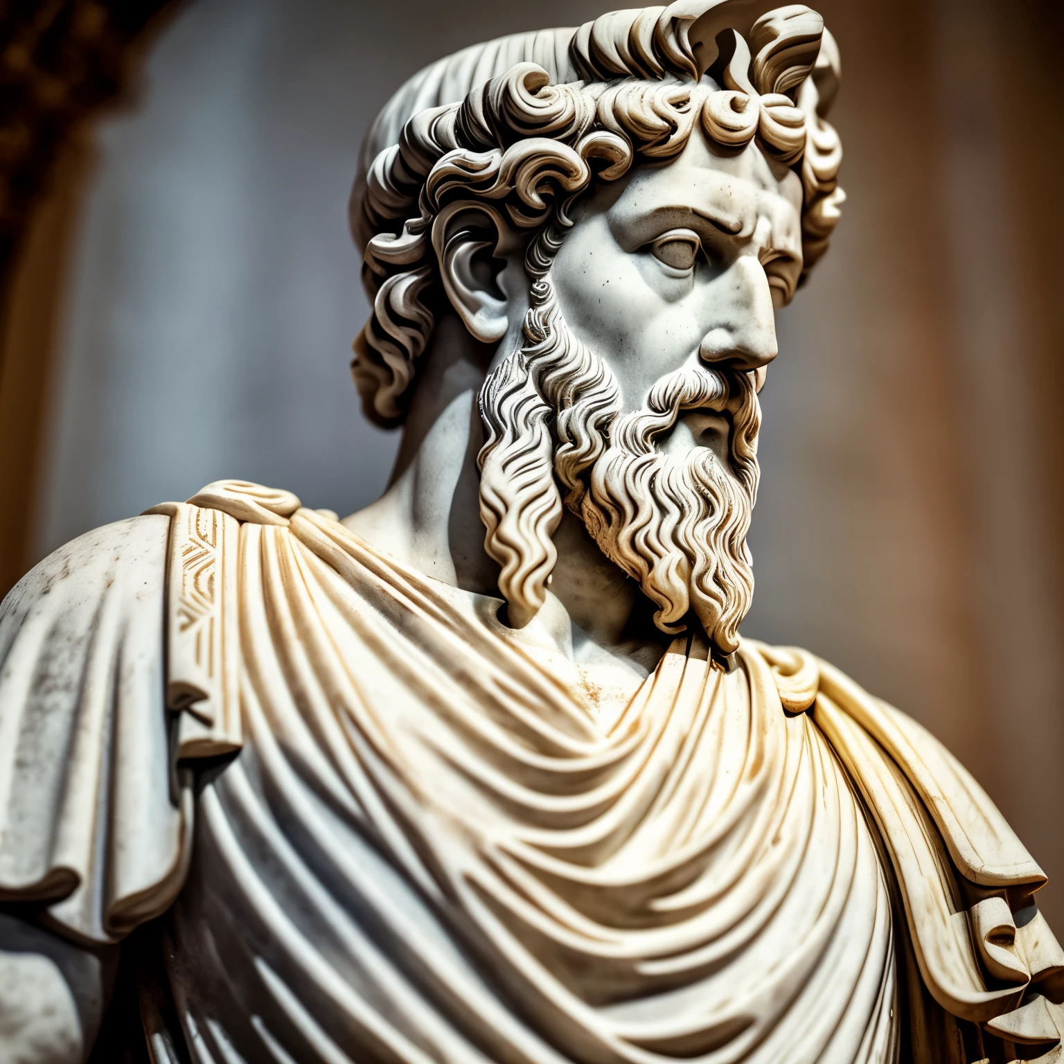A carefully detailed realistic Greek white marble statue of Marcus Aurelius wearing a ghostly toga, fundo neutro, temperamental, , fotorrealista, Jantar de cinema atencioso, super detalhada, Hiper realista, luzes brilhantes, 8k