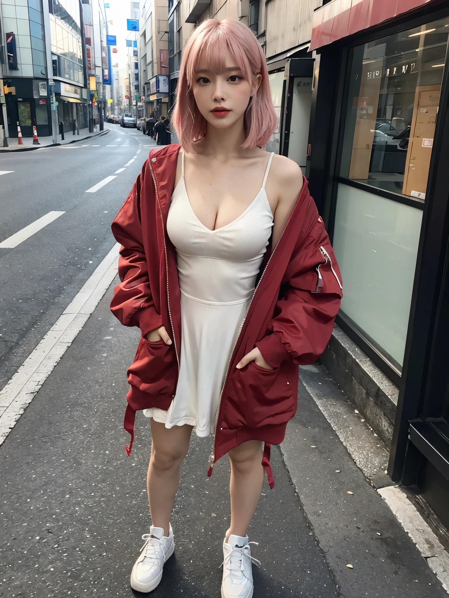 cleavage, full body,// Bewitching eyes, well-balanced eyes, //street snap //wearing red bomber jacket and draped dress//breast focus, ((facing viewer)), //at the street in tokyo, //japanese lady, pale skin, pink hair//droopy eyes,//gold hair, blunt bangs,//((standing)), high quality:1.3, Professional lighting:2.0 realistic:1.2, 4k resolution, detailed skin, masterpiece:1.1