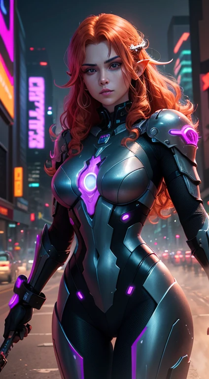 A redhead elf paladin with curly hair stands in a cyberpunk setting. The scene is set in a neon-lit cityscape with futuristic buildings and flying vehicles. The elf paladin is wearing a suit of high-tech armor adorned with glowing symbols. The armor is sleek and shiny, emphasizing its advanced technology. The elf's curly hair falls gracefully around their face, adding a touch of elegance to their fierce expression. Their eyes are bright and piercing, showcasing their unwavering determination. The paladin's lips are full and meticulously detailed, bringing out their natural beauty. The overall image is of the highest quality, with 4K resolution and ultra-detailed rendering. The lighting in the scene is dramatic, with neon lights casting vibrant and intense colors throughout the composition. The cyberpunk style is reflected in the futuristic elements, such as holographic advertisements and augmented reality interfaces. The color palette is dominated by vibrant shades of red, blue, and purple, creating a visually striking contrast. The scene is bathed in dynamic and dramatic lighting, emphasizing the cool and edgy atmosphere of the cyberpunk world.