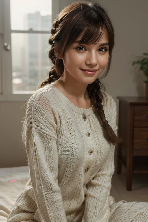 (best quality, 4k, 8k, high resolution, art: 1.2), ultra-detailed, (realistic, photorealistic, photorealistic: 1.37), HDR, Ultra-HD, studio lighting, vivid colors, Bokeh, stunning woman (side bangs and braid), smiling, knitted pajamas, child. This artwork is of the highest quality, ultra-detailed and perfect for an 8k HDR wallpaper. Featuring brilliant lighting with sharp focus and intricate details.