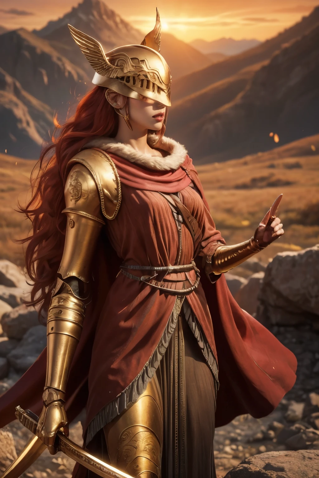 woman with sword and red cape, by Kanō Tan'yū, goddess athena, lady in red armor, athena goddess of wisdom, Greek goddess athena, detailed image, golden goddess athena, persephone sculpture, inspired by Kanō Hōgai, golden helmet with golden wings close-up full body, background of mountains with sunlight, bare chest, beautiful body, 4k skin, red defined lips