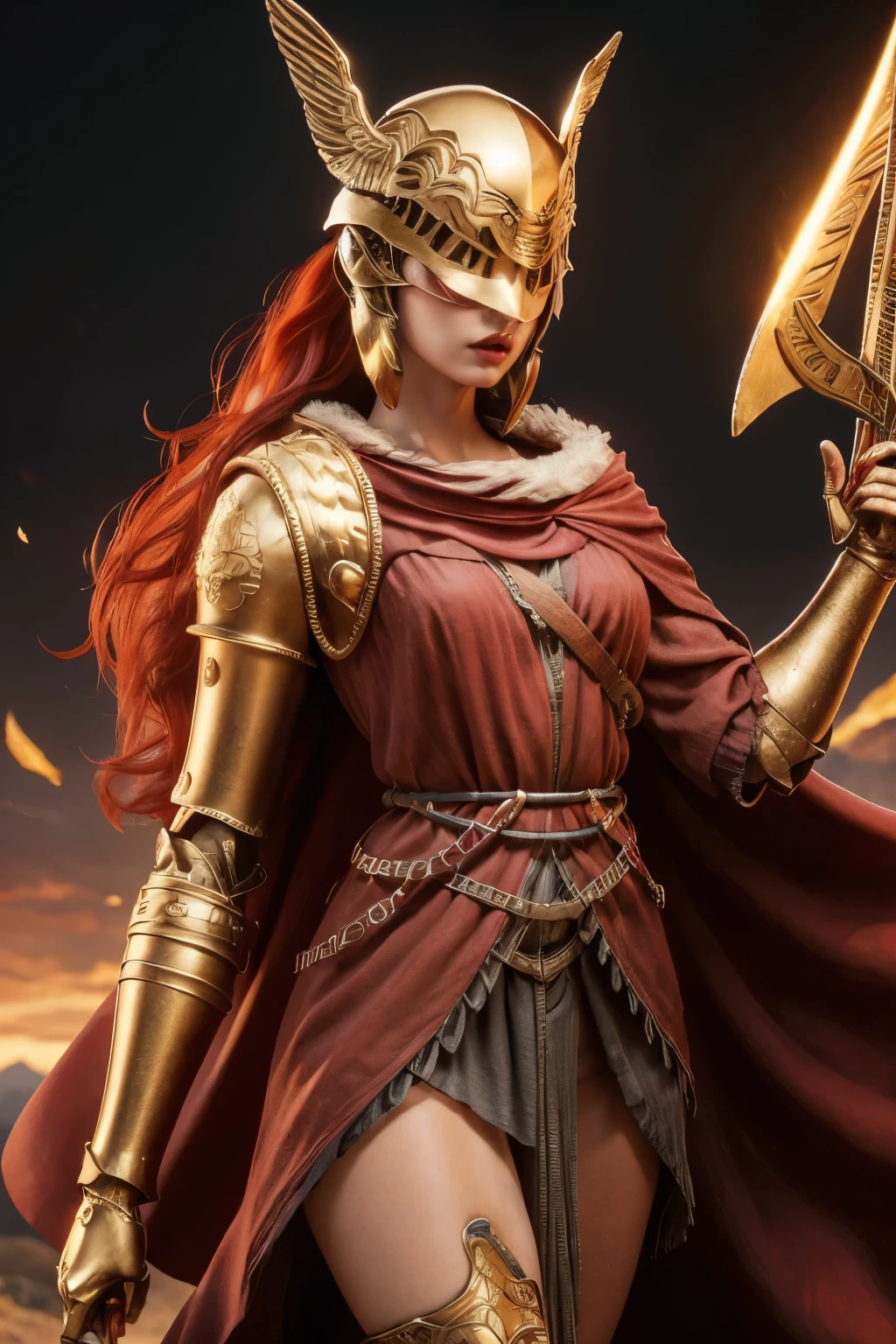 woman with sword and red cape, by Kanō Tan'yū, goddess athena, lady in red armor, athena goddess of wisdom, Greek goddess athena, detailed image, golden goddess athena, persephone sculpture, inspired by Kanō Hōgai, golden helmet with golden wings close-up full body, background of mountains with sunlight, bare chest, beautiful body, 4k skin, red defined lips