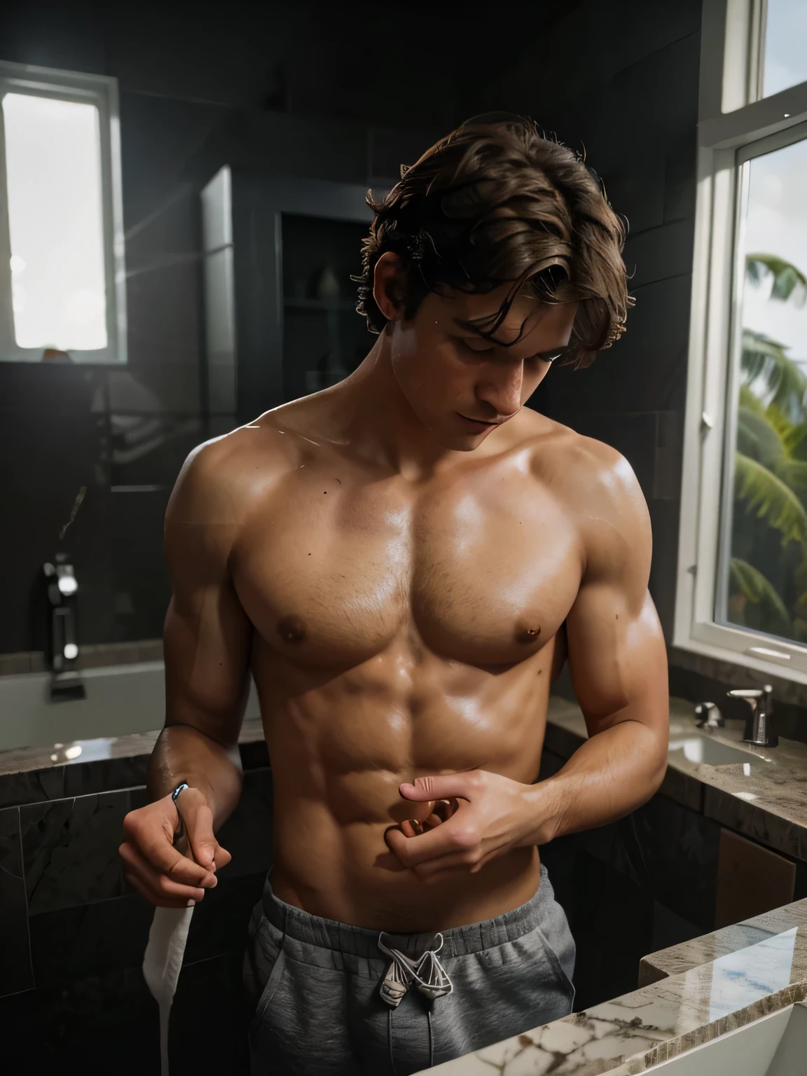 (best quality,highres,ultra-detailed:1.2), HDR, vivid colors, young man stood in dark marble bathroom, looking down, hands on the counter top, messy hair, short wavy hair, beach hair, bulging arm veins, topless, wearing only grey sweatpants, dark background, cinematic lighting, blurred background, soft warm lighting, sun rays, golden hour lighting, realistic looking photo